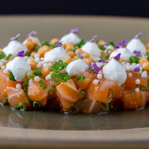 Jeong signature dishes Salmon Tartare
Scallop Spinach Namul with Clementine Smoked Trout Roe
Silken Tofu